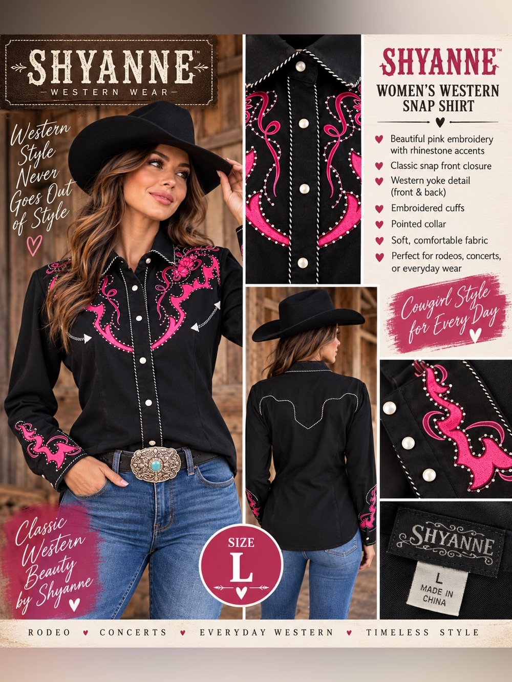 NWT Shyanne Boot Barn Black Western Shirt Pink Embroidery Rhinestone Snap L